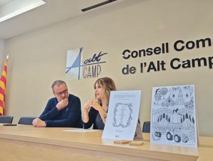 Acte de la presentació de les làmines "Pinta l'Alt Camp" a càrrec de Josep Maria Girona, conseller de Turisme del CCAC i la il·lustradora Berta Artigal.